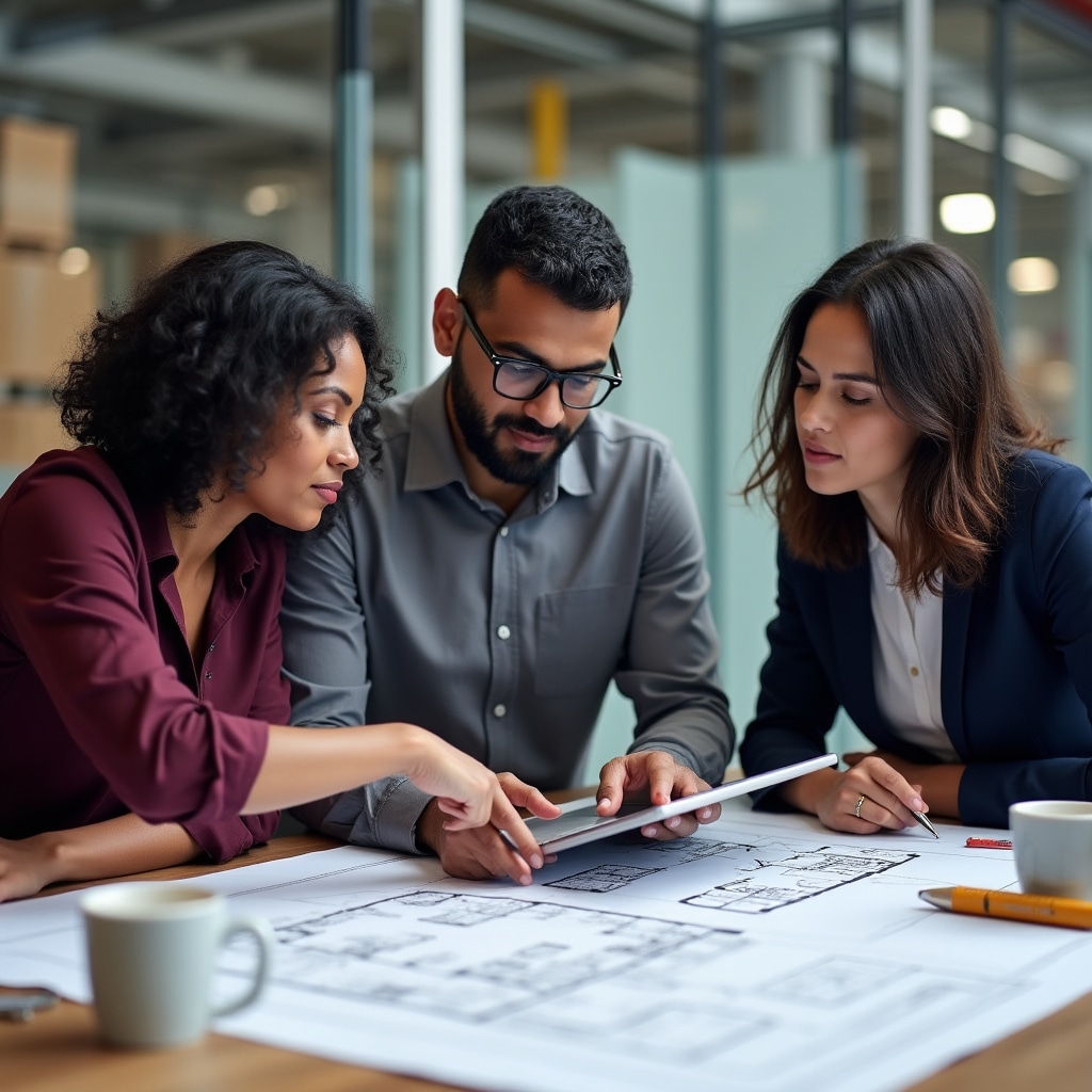 Team reviewing warehouse layout plans